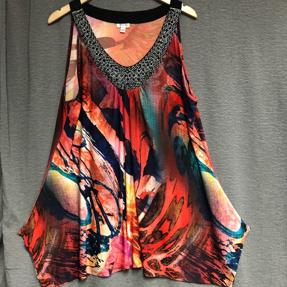 Avenue 14/16 sleeveless top asymmetrical, beaded neck line,